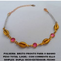 PULSEIRA  BRUTO PRONTO PARA O BANHO  PESO TOTAL 2,9GR) - COM CORRENTE ELLO   SIMPLES  DUPLA 18CM+EXTENSOR- FECHO  LAGOSTA - CRISTAL ROSA E BUZIOS BRU3320