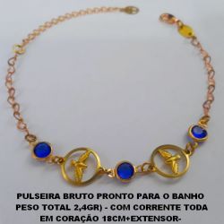 PULSEIRA BRUTO PRONTO PARA O BANHO  PESO TOTAL 2,4GR) - COM CORRENTE TODA EM CORAÇÃO 18CM+EXTENSOR-  FECHO LAGOSTA -RED 12MM C/ ESPIRITO  SANTO VAZADO E CRISTAL  BRU0264