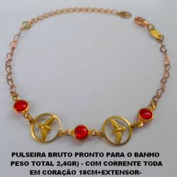 PULSEIRA BRUTO PRONTO PARA O BANHO  PESO TOTAL 2,4GR) - COM CORRENTE TODA EM CORAÇÃO 18CM+EXTENSOR-  FECHO LAGOSTA -RED 12MM C/ ESPIRITO  SANTO VAZADO E CRISTAL  BRU3091