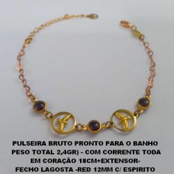 PULSEIRA BRUTO PRONTO PARA O BANHO  PESO TOTAL 2,4GR) - COM CORRENTE TODA EM CORAÇÃO 18CM+EXTENSOR-  FECHO LAGOSTA -RED 12MM C/ ESPIRITO  SANTO VAZADO E CRISTAL  BRU2785