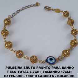 PULSEIRA BRUTO PRONTO PARA BANHO PESO TOTAL 6,7GR ( TAMANHO 17CM+ EXTENSOR - FECHO LAGOSTA - BOLAS DE  6MM EM LATÃO - COM OLHO GREGO DE 10MM BRU0045
