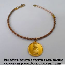 PULSEIRA BRUTO PRONTO PARA BANHO CORRENTE (CORDÃO BAIANO DE '' 2MM '' COM FECHO LAGOSTA - 17CM+EXTENSOR PESO TOTAL 5,8GR -(1505)  PINGENTE REDONDO C/ FIGA EST 20MM BRU0064