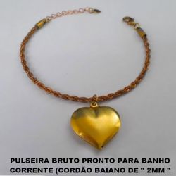 PULSEIRA BRUTO PRONTO PARA BANHO COM CORRENTE (CORDÃO BAIANO DE '' 2MM '' COM FECHO LAGOSTA - 17CM+EXTENSOR PESO TOTAL 7,7GR -(394)  CORAÇAO DUPLO 24X22MM BRU0060