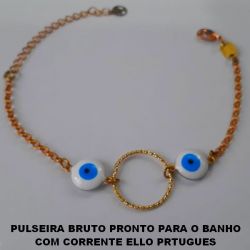 PULSEIRA BRUTO PRONTO PARA O BANHO COM CORRENTE ELLO PRTUGUES DUAS PEDRA DE OLHO GREGO DE 10MM - COM FECHO LAGOSTA - E ARGOLA DE 18MM  - BRU0862