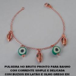 PULSEIRA NO BRUTO PRONTO PARA BANHO COM CORRENTE SIMPLE E DELICADA COM BUZIOS EM LATÃO E OLHO GREGO EM  RESINA 10MM - PESO 3,3GR - BRU4635