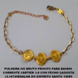 PULSEIRA BRUTO PRONTO PARA BANHO  CORRENTE CARTIER 1.0 COM FECHO LAGOSTA (3.147)MEDALHA DO ESPIRITO SANTO 13MM PESO TOTAL 3,5GR -(18CM +EXTENSOR)   BRU2240