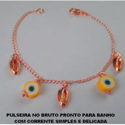 PULSEIRA NO BRUTO PRONTO PARA BANHO COM CORRENTE SIMPLES E DELICADA COM BUZIOS EM LATÃO E OLHO GREGO EM  RESINA 10MM - PESO 3,3GR -  BRU4639