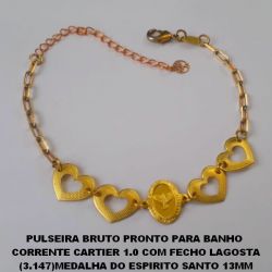 PULSEIRA BRUTO PRONTO PARA BANHO  CORRENTE CARTIER 1.0 COM FECHO LAGOSTA (3.147)MEDALHA DO ESPIRITO SANTO 13MM PESO TOTAL 3,2GR -(18CM +EXTENSOR)   BRU0750