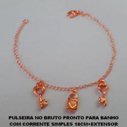 PULSEIRA NO BRUTO PRONTO PARA BANHO COM CORRENTE SIMPLES 18CM+EXTENSOR  COM CHAVE E CADEADO DO AMOR PESO TOTAL 2,5GR - BRU0396