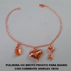 PULSEIRA NO BRUTO PRONTO PARA BANHO COM CORRENTE SIMPLES 18CM CHAVE E CADEADO DO AMOR + CORAÇÃO PESO TOTAL 2,5GR - BRU0394