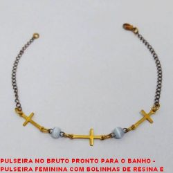 PULSEIRA NO BRUTO PRONTO PARA O BANHO -  PULSEIRA FEMININA COM BOLINHAS DE RESINA E CRUZ - LARGURA DAS BOL.4MM - TAMANHO:19,8CM -  PESO:1,5GR - BRU3654