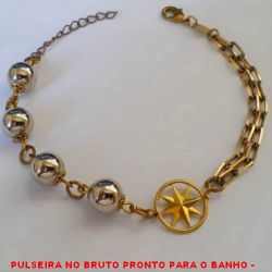 PULSEIRA NO BRUTO PRONTO PARA O BANHO - PULSEIRA FEMININA COM BOLINHAS DE ABS DE  10MM E CONECTOR DE ROSA DOS VENTOS COM  FECHO LAGOSTA E EXTENSOR - TAMANHO:20,3CM -  PESO:7,3GR - BRU3874