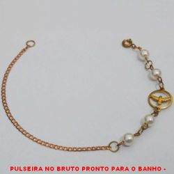 PULSEIRA NO BRUTO PRONTO PARA O BANHO -  PULSEIRA FEMININA COM PÉROLAS DE 5MM  E CONECTOR DE ESPIRITO SANTO - TAMANHO: 19,8CM - PESO:2,0GR - BRU4170