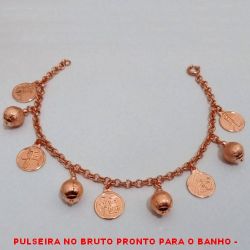 PULSEIRA NO BRUTO PRONTO PARA O BANHO -  PULSEIRA FEMININA COM PENDURICALHOS DE  BOLINHA DE 8MM E CÍRCULOS - TAMANHO:18,5CM -  PESO:9,0GR - BRU4212