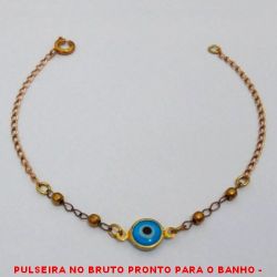 PULSEIRA NO BRUTO PRONTO PARA O BANHO -  PULSEIRA FEMININA COM OLHO GREGO E BOLINHAS  DE LATÃO DE 3MM - TAMANHO:19,5CM - PESO: 1,6GR - BRU4277