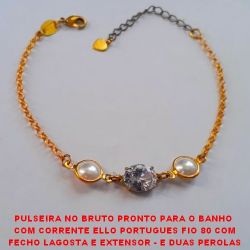 PULSEIRA NO BRUTO PRONTO PARA O BANHO(P154) COM CORRENTE ELLO PORTUGUES FIO 80 COM FECHO LAGOSTA E EXTENSOR - E DUAS PEROLAS E 1 PEDRA DE ZIRCONIA - 3,5GR - 18CM -  BRU759
