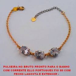 PULSEIRA NO BRUTO PRONTO PARA O BANHO (P154)  COM CORRENTE ELLO PORTUGUES FIO 80 COM FECHO LAGOSTA E EXTENSOR -  E 3 PEDRA DE ZIRCONIA - 4,5GR - 18CM -  BRU1933