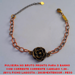 PULSEIRA NO BRUTO PRONTO PARA O BANHO  COM CORRENTE CORRENTE CADEADO 1.00 -  (M11) FICHO LAGOSTA - 20CM+EXTENSOR - PESO 6,0GR - BRU2977