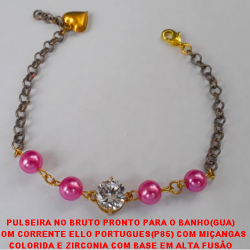 PULSEIRA NO BRUTO PRONTO PARA O BANHO(GUA) COM CORRENTE ELLO PORTUGUES(P85) COM MIÇANGAS COLORIDA E ZIRCONIA COM BASE EM ALTA FUSÃO 19CM+EXTEN.FECHO LAGOSTA- 8,6GR - BRU0206