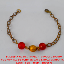 PULSEIRA NO BRUTO PRONTO PARA O BANHO COM CONTAS DE OLHO DE GATO E BOLA DIAMANTADA 5,6GR - COM - 18CM - BRU0670