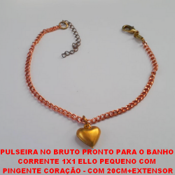 PULSEIRA NO BRUTO PRONTO PARA O BANHO COM CORRENTE 1X1 ELLO PEQUENO COM  PINGENTE DE CORAÇÃO - COM 20CM+EXTENSOR PESO 3,6GR  - BRU2271