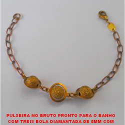 PULSEIRA NO BRUTO PRONTO PARA O BANHO CORRENTE CADEADO (M-187)COM TREIS BOLA DIAMANTADA DE 8MM COM FECHO LAGOSTA  - TAMANHO 19CM - PESO 3,9GR BRU1188