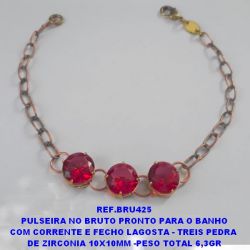 PULSEIRA NO BRUTO PRONTO PARA O BANHO COM CORRENTE E FECHO LAGOSTA - TREIS PEDRA  DE ZIRCONIA 10X10MM -PESO TOTAL 6,3GR BRU5425