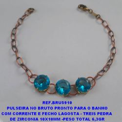PULSEIRA NO BRUTO PRONTO PARA O BANHO COM CORRENTE E FECHO LAGOSTA - TREIS PEDRA  DE ZIRCONIA 10X10MM -PESO TOTAL 6,3GR BRU5910