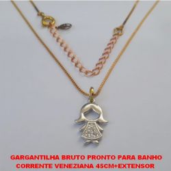 GARGANTILHA BRUTO PRONTO PARA BANHO CORRENTE VENEZIANA 45CM+EXTENSOR  (TT)PINGENTE MENINA CRAVEJADA EM MICRO ZIRCONIAS PESO TOTAL 3,GR - BRU3359