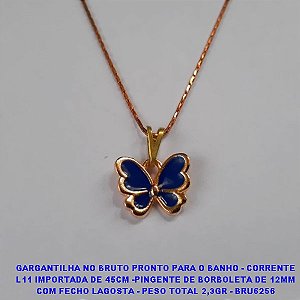 GARGANTILHA NO BRUTO PRONTO PARA O BANHO - CORRENTE L11 IMPORTADA DE 45CM -PINGENTE DE BORBOLETA DE 12MM COM FECHO LAGOSTA - PESO TOTAL 2,3GR - BRU6256