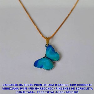 GARGANTILHA  BRUTO PRONTO PARA O BANHO - COM CORRENTE VENEZIANA  45CM - FECHO REDONDO - PINGENTE DE BORBOLETA ESMALTADA -  PESO TOTAL 3.1GR - BRU6305