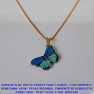 GARGANTILHA  BRUTO PRONTO PARA O BANHO - COM CORRENTE VENEZIANA  45CM - FECHO REDONDO - PINGENTE DE BORBOLETA ESMALTADA -  PESO TOTAL 3.1GR - BRU6306