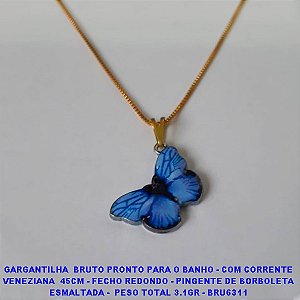 GARGANTILHA  BRUTO PRONTO PARA O BANHO - COM CORRENTE VENEZIANA  45CM - FECHO REDONDO - PINGENTE DE BORBOLETA ESMALTADA -  PESO TOTAL 3.1GR - BRU6311