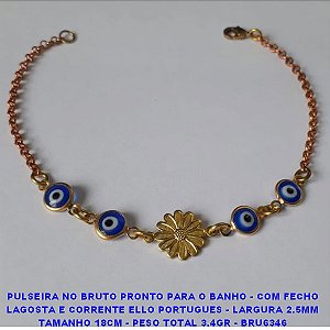 PULSEIRA NO BRUTO PRONTO PARA O BANHO - COM FECHO LAGOSTA E CORRENTE ELLO PORTUGUES - LARGURA 2.5MM TAMANHO 18CM - PESO TOTAL 3.4GR - BRU6346