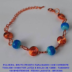 PULSEIRA  BRUTO PRONTO PARA BANHO -PESO TOTRAL 12.9GR -COM CORRENTE TODA EM CONECTOR LATÃO E BOLAS DE 12MM - TAMANHO 18CM+EXTENSOR - FECHO LAGOSTA - BRU6366 ***