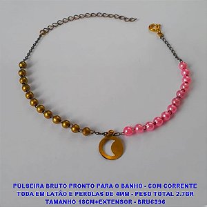 PÚLSEIRA BRUTO PRONTO PARA O BANHO - COM CORRENTE TODA EM LATÃO E PEROLAS DE 4MM - PESO TOTAL 2.7GR TAMANHO 18CM+EXTENSOR - BRU6396