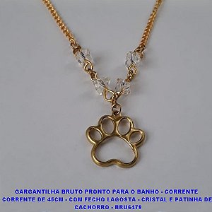 GARGANTILHA NO BRUTO PRONTO PARA O BANHO - CORRENTE DELICADA COM CORRENTE DE 45CM - COM FECHO LAGOSTA - CRISTAL E PATINHA DE  CACHORRO - BRU6479