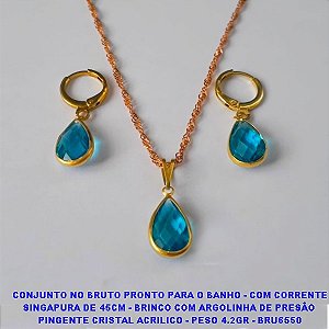 CONJUNTO NO BRUTO PRONTO PARA O BANHO(CX97) - COM CORRENTE SINGAPURA DE 45CM - BRINCO COM ARGOLINHA DE PRESÃO  PINGENTE CRISTAL ACRILICO - PESO 4.2GR - BRU6550