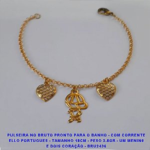 PPULSEIRA NO BRUTO PRONTO PARA O BANHO - COM CORRENTE ELLO PORTUGUES - TAMANHO 18CM - PESO 2.8GR - UM MENIN0 E DOIS CORAÇÃO - BRU2436