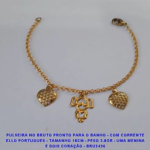 PPULSEIRA NO BRUTO PRONTO PARA O BANHO - COM CORRENTE ELLO PORTUGUES - TAMANHO 18CM - PESO 2.8GR - UMA MENINA E DOIS CORAÇÃO - BRU2436