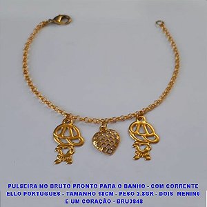 PULSEIRA NO BRUTO PRONTO PARA O BANHO - COM CORRENTE ELLO PORTUGUES - TAMANHO 18CM - PESO 2.8GR - DOIS  MENIN0  E UM CORAÇÃO - BRU3848