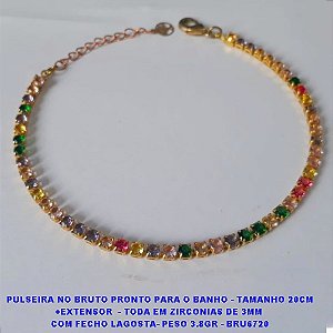PULSEIRA NO BRUTO PRONTO PARA O BANHO - TAMANHO 20CM +EXTENSOR  - TODA EM ZIRCONIAS DE 3MM  COM FECHO LAGOSTA- PESO 3.8GR - BRU6720