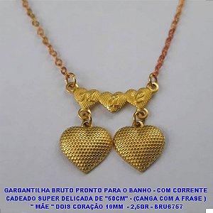 GARGANTILHA BRUTO PRONTO PARA O BANHO - COM CORRENTE  CADEADO SUPER DELICADA DE "50CM" - (CANGA COM A FRASE )  " MÃE " DOIS CORAÇÃO 10MM  - 2,5GR - BRU6757