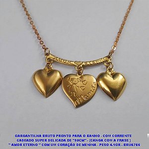 GARGANTILHA BRUTO PRONTO PARA O BANHO - COM CORRENTE  CADEADO SUPER DELICADA DE "50CM" - (CANGA COM A FRASE )  " AMOR ETERNO " COM UM CORAÇÃO DE MENINA - PESO 4.1GR - BRU6766