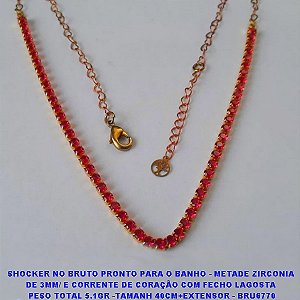 SHOCKER NO BRUTO PRONTO PARA O BANHO - METADE ZIRCONIA  DE 3MM/ E CORRENTE DE CORAÇÃO COM FECHO LAGOSTA  PESO TOTAL 5.1GR -TAMANH 40CM+EXTENSOR - BRU6770