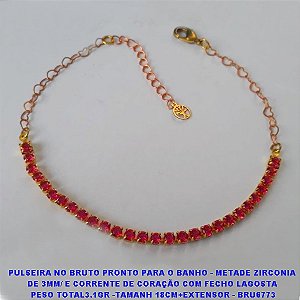 PULSEIRA NO BRUTO PRONTO PARA O BANHO - METADE ZIRCONIA  DE 3MM/ E CORRENTE DE CORAÇÃO COM FECHO LAGOSTA  PESO TOTAL3.1GR -TAMANH 18CM+EXTENSOR - BRU6773