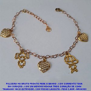 PULSEIRA NO BRUTO PRONTO PARA O BANHO - COM CORRENTE TODA  EM CORAÇÃO - COM UM MENINOS/MENINA TREIS CORAÇÃO DE 12MM TAMANHO 18CM+EXTENSOR - COM FECHO LAGOSTA - PESO 2.8GR - BRU6595