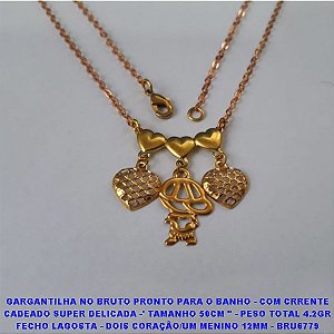 GARGANTILHA NO BRUTO PRONTO PARA O BANHO - COM CRRENTE CADEADO SUPER DELICADA -' TAMANHO 50CM " - PESO TOTAL 4.2GR FECHO LAGOSTA - DOIS CORAÇÃO/UM MENINO 12MM - BRU6779
