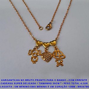 GARGANTILHA NO BRUTO PRONTO PARA O BANHO - COM CRRENTE CADEADO SUPER DELICADA -' TAMANHO 50CM " - PESO TOTAL 4.2GR  LAGOSTA - UM MENINO/UMA MENINA E UM CORAÇÃO 12MM - BRU6786