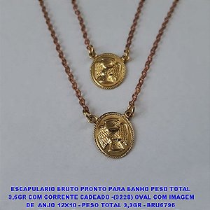 ESCAPULARIO BRUTO PRONTO PARA BANHO(CX69) PESO TOTAL  3,5GR COM CORRENTE CADEADO -(3228) OVAL COM IMAGEM DE  ANJO 12X10 - PESO TOTAL 3,3GR - BRU6796